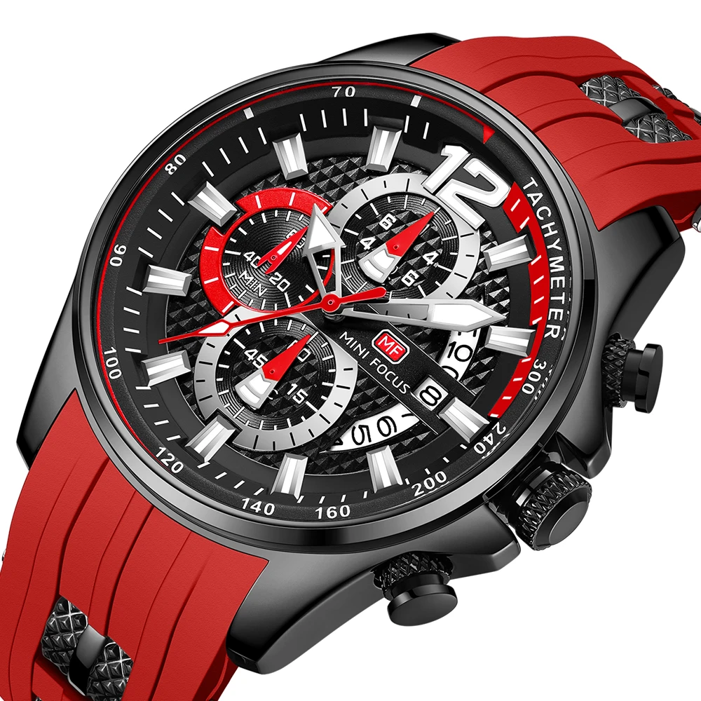 MINI FOCUS Fashion Men's Watches Top Brand Luxury Quartz Waterproof Sports Clock Wristwatch Relogio Masculino Red Silicone Strap