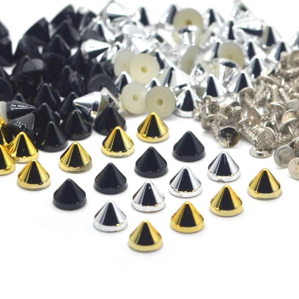 KALASO 100Sets Silver Gold Black Plated Acrylic Cone Punk Studs Rivets Spikes for Shoes Bag Garment Decoration 6.5x5mm