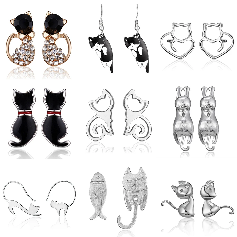 Fashion Shiny Crystal Kitten Stud Earrings Hot Sale Stainless Steel Cat Earrings For Women Girls Jewelry Accessories Gift