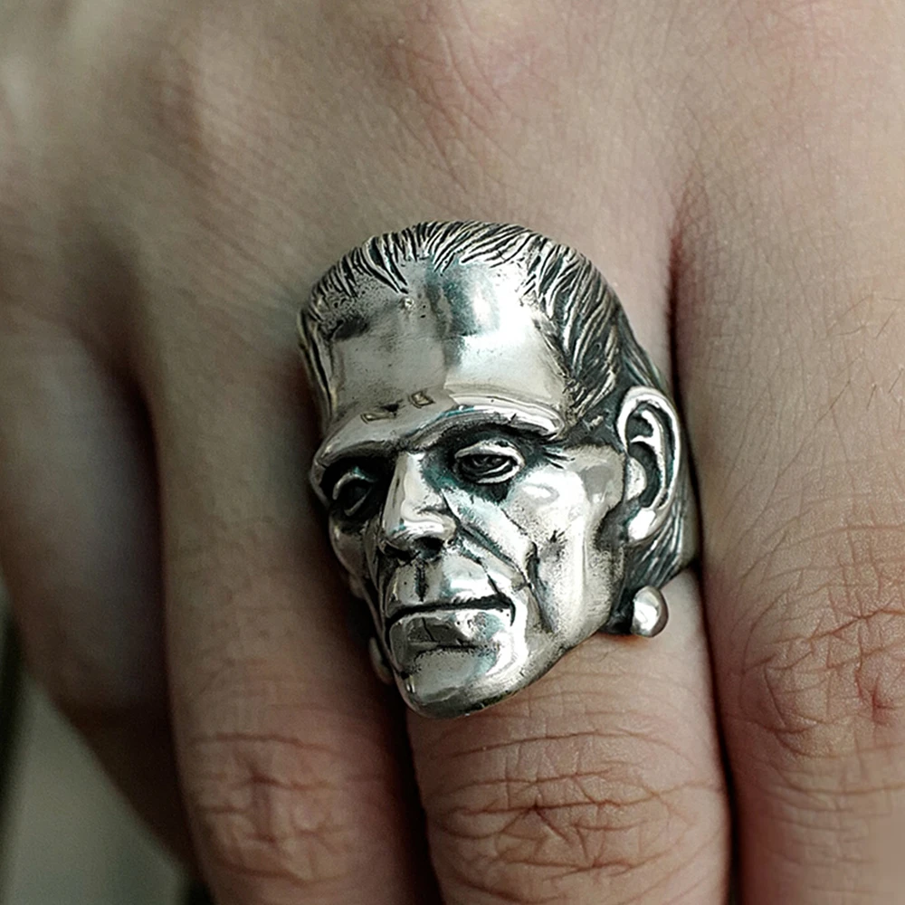 EYHIMD Science Fiction Victor Frankenstein Rings Punk Horror Scientist Stainless Steel Skull Ring Men's Biker Jewelry