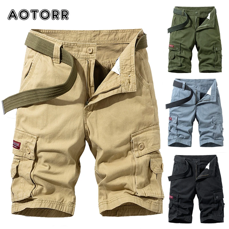 Hot Men's Military Cargo Shorts Solid Multi Pocket Casual Fitness Loose Work Pants Summer Male Tactical Short 4 Colors No Belt