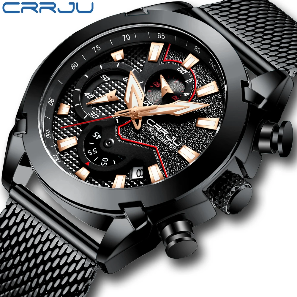 CRRJU New Fashion watches Luxury Calander Business Watch Mens Chronograph Sport Leather Watches Men's Luminous Quartz watch