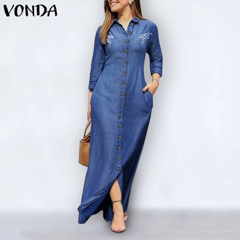 Autumn Maxi Sundress 2021 VONDA Women Casual Button Up Turn-down Collar Dresses Elegant Long Sundress Oversize Bohemian Vestidos