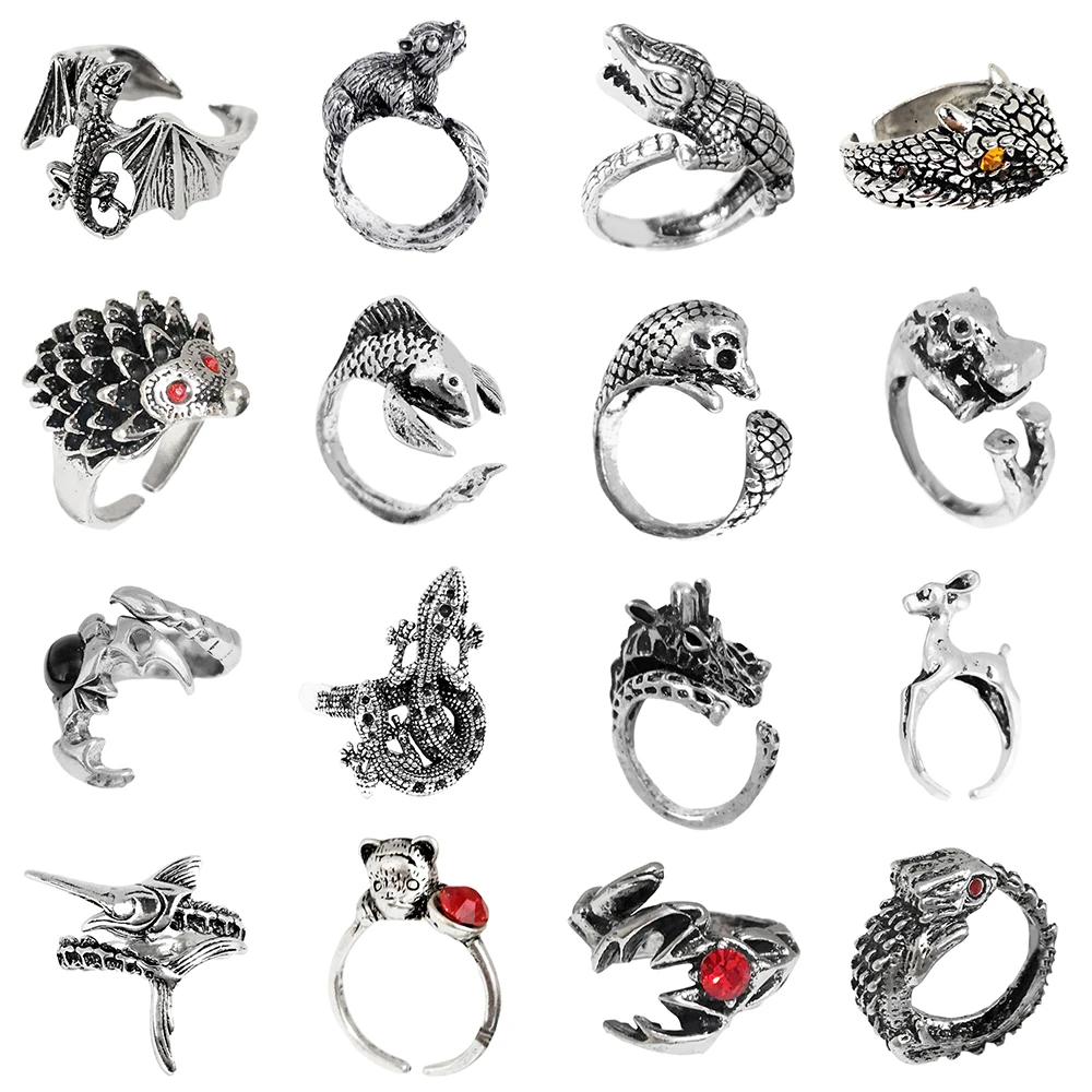 Ring For Men Girls Women Adjustable Black Ferocious Animal Retro Punk Cute Lizard Deer Dragon Scorpion Constellation Fox