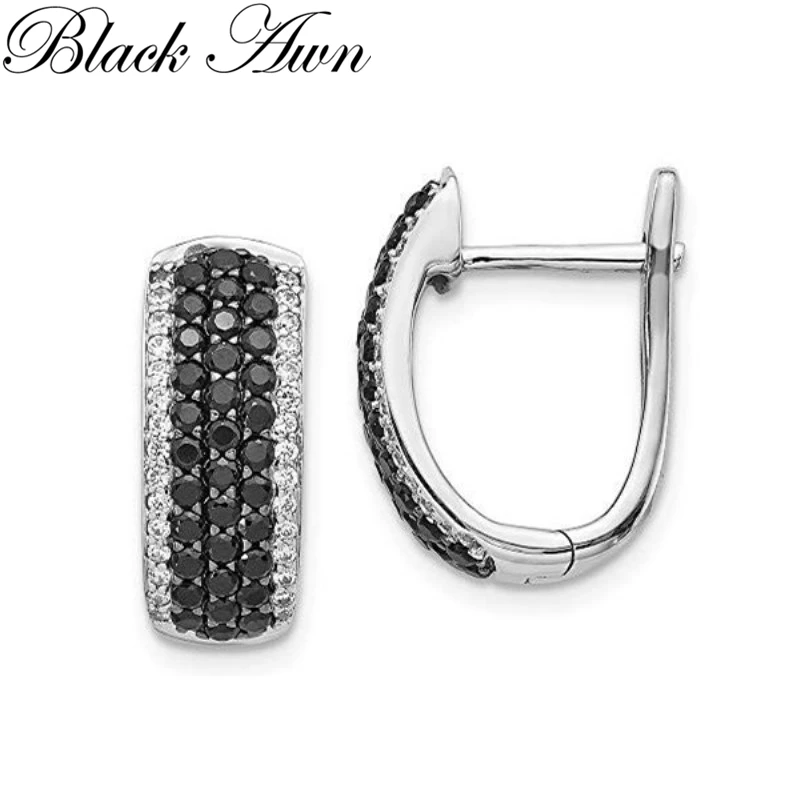 Black Awn Classic 925 Sterling Silver Round Black Trendy Spinel Engagement Hoop Earrings for Women Fine Jewelry Bijoux I200