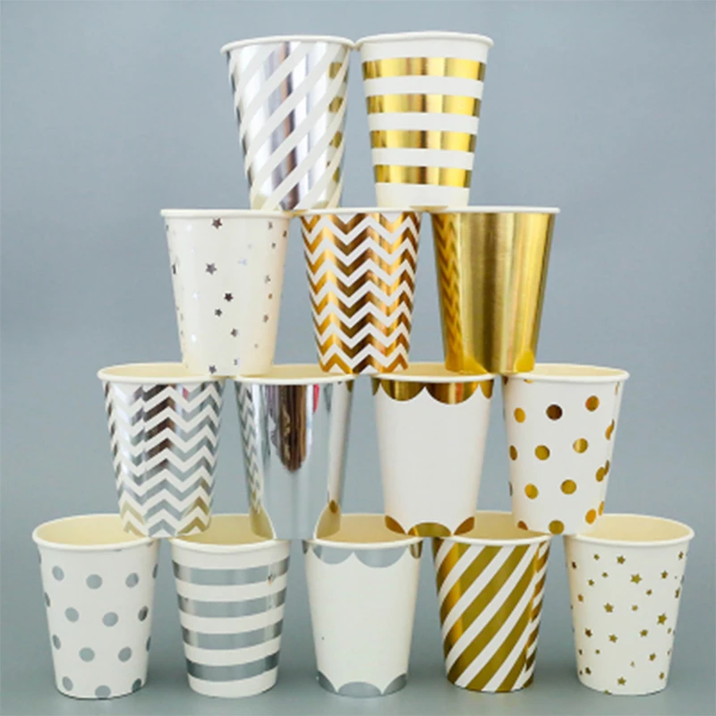 10pcs Golden Cup Party Paper Tableware Birthday Party Dinner Plate Polka Dot Striped Cup