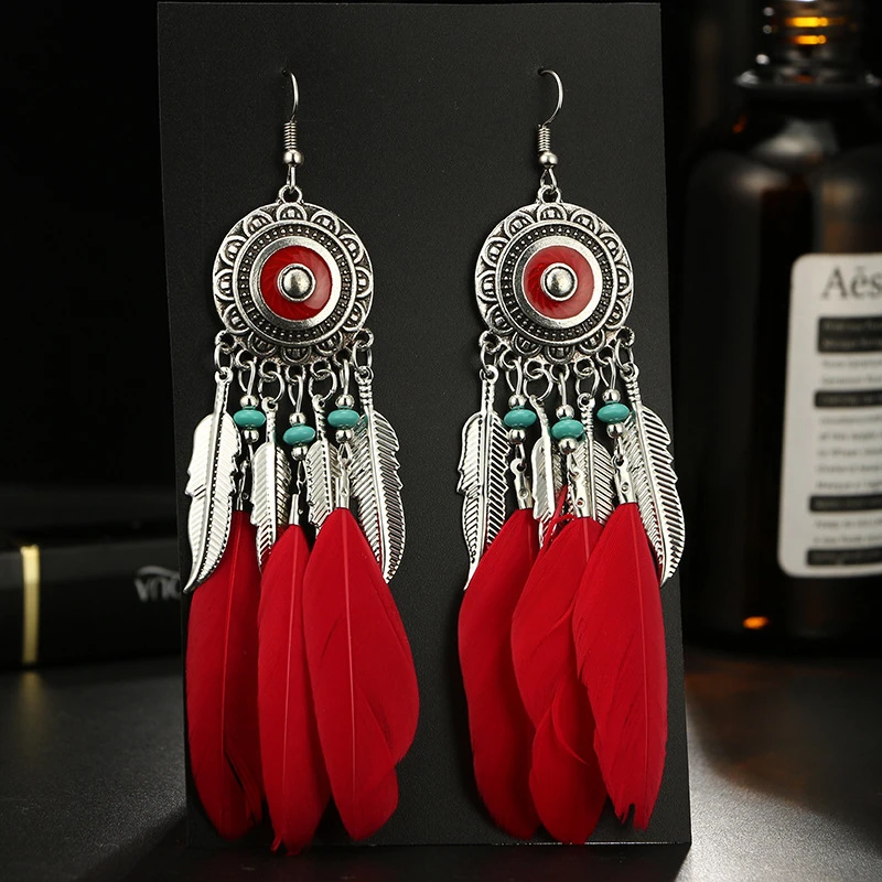 Acrylic Beads Feather Tassel Earrings for Women Black Red Fringed Dreamcatcher Earrings Women's Long Earring Hanging Jewelry