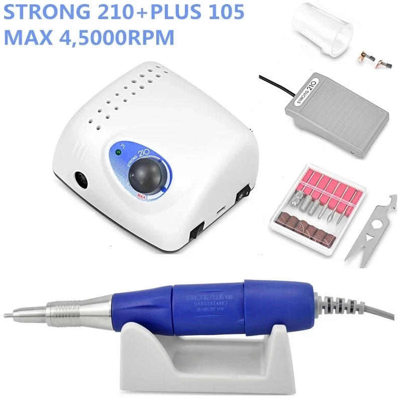 35K/45K/50K Authent 65W 50000 RPM Electric Nail Drill Machine Strong 210 plus 105L 2.35mm Model Manicure Pedicure Nail bits