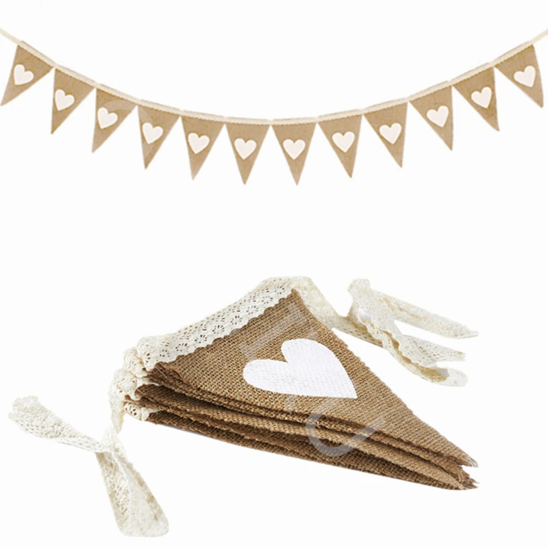 12 Flags Jute Fabric Bunting Banner white Heart lace 2.5m vintage Wedding Party Burlap Banners Rustic wedding decoration 5BB5780