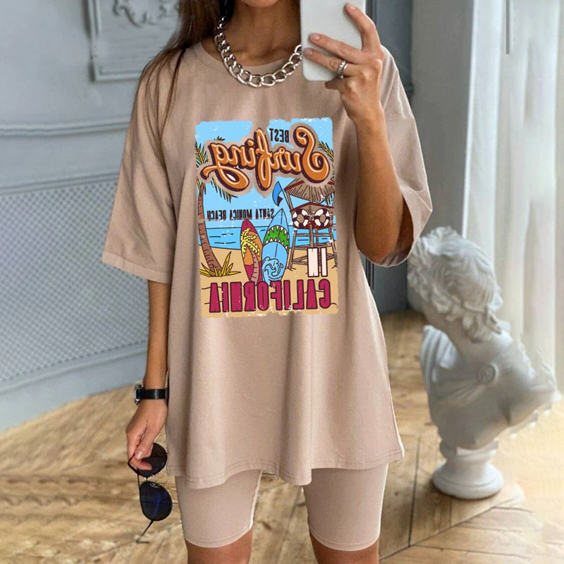 1pcs WHITE Tees Summer Casual Oversized Tee Best Surfing Santa Monica California Womens Retro Style T-Shirt Vacation Beach Shirt