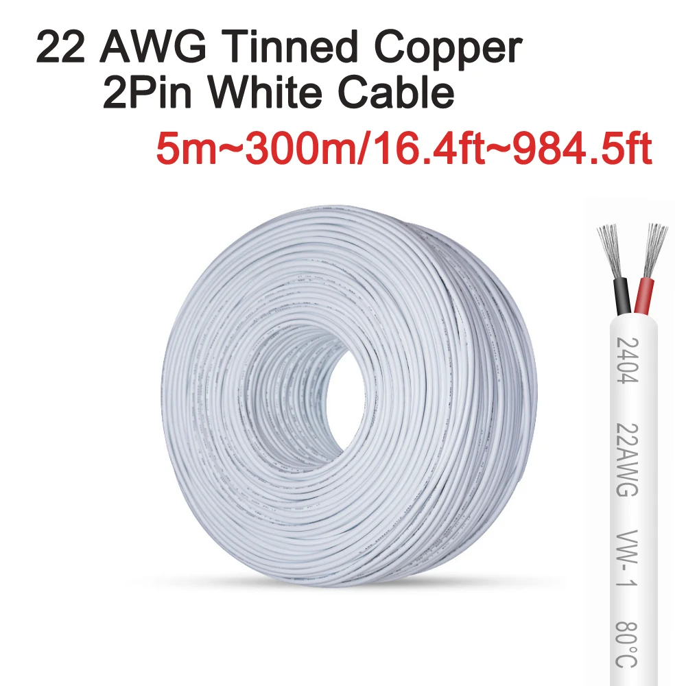 22 AWG Tinned Copper Cable White Jacketed Extension Electric Wire Cord 2Pin Line Free Cutting For SMD 5050 3528 LED Strip Light