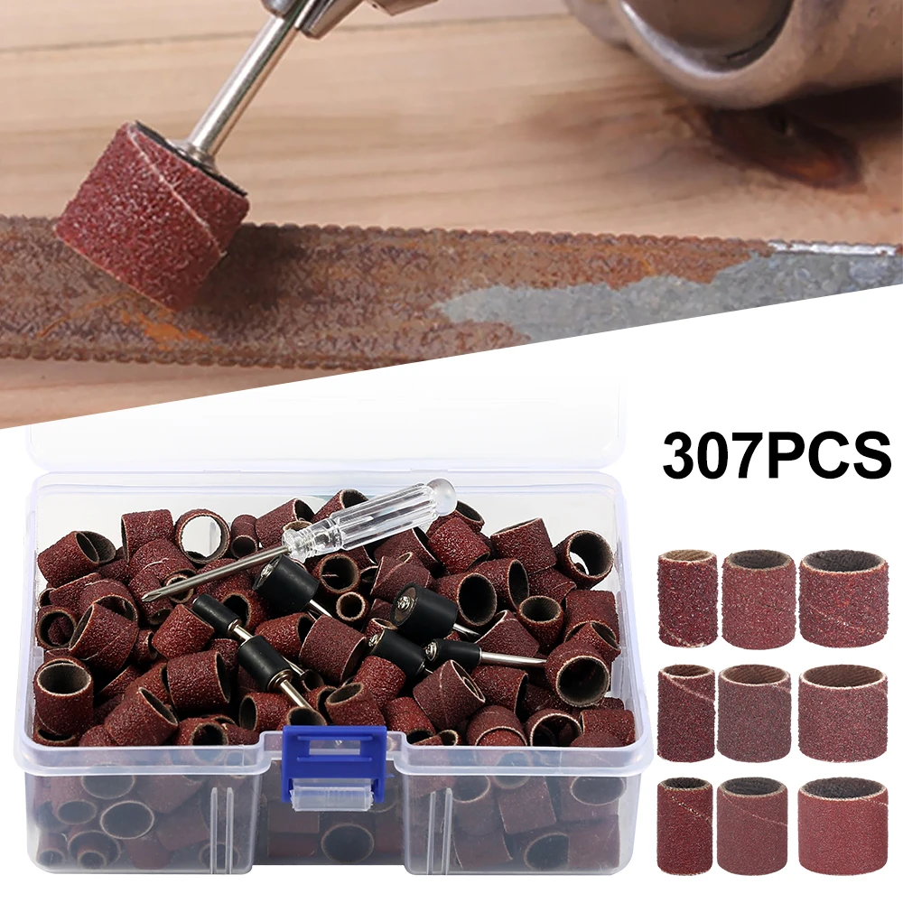 384pcs Drum Sanding Kit 80# 120# 180# Nail Drill Bits Abrasive Tools Sanding Band Polish Dremel Sandpaper Shank Rotary Tools