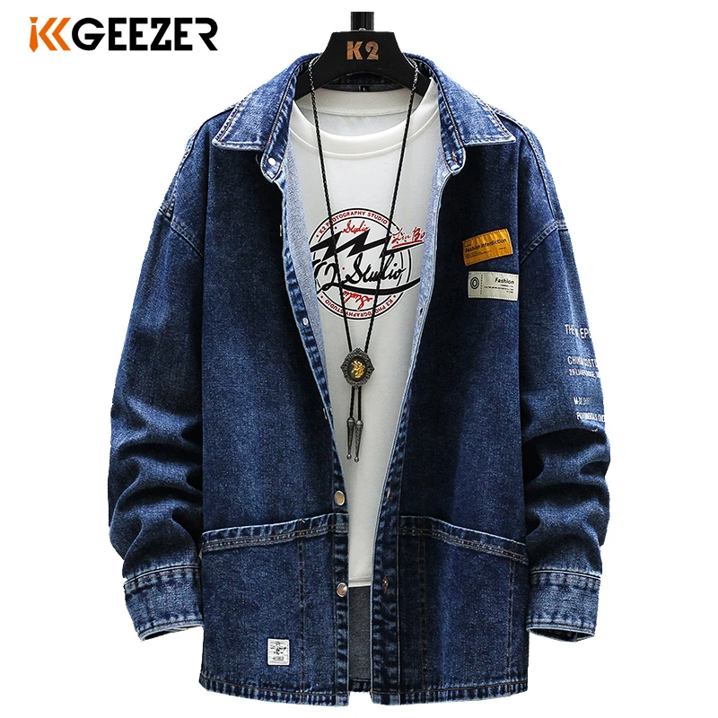 Men Denim Shirt 100% Cotton Jeans Shirt Long Sleeve Cowboy Pockets Street Loose Casual Anti-wrinkle High Quality Oversized