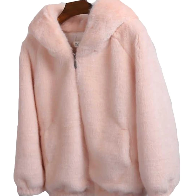 2020 Winter New Korean Version Of Loose Imitation Mink Women Hooded Jacket Solid Color Thick Zipper Warm Pocket Sweet Girl Coat