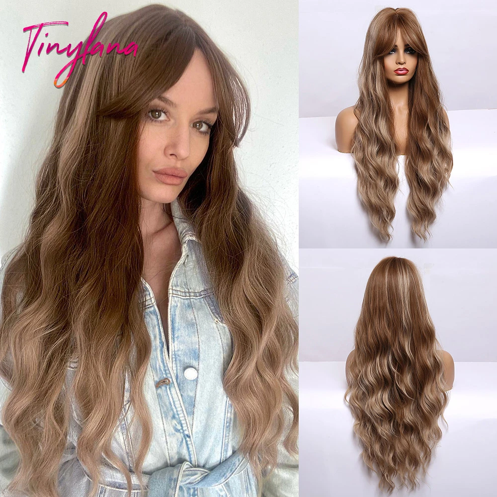 Long Ombre Brown Blonde Highlight Synthetic Wigs With Bangs For Women Water Wavy Cosplay Party Daily Use Heat Resistant Fiber