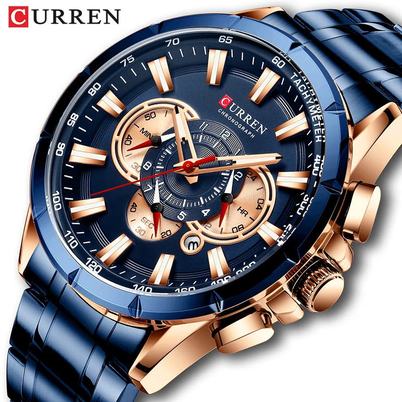 Curren Men's Watch Top Luxury Brand Big Dial Blue Quartz Men Watches Chronograph Sport Wristwatch Man Stainless Steel Date Clock