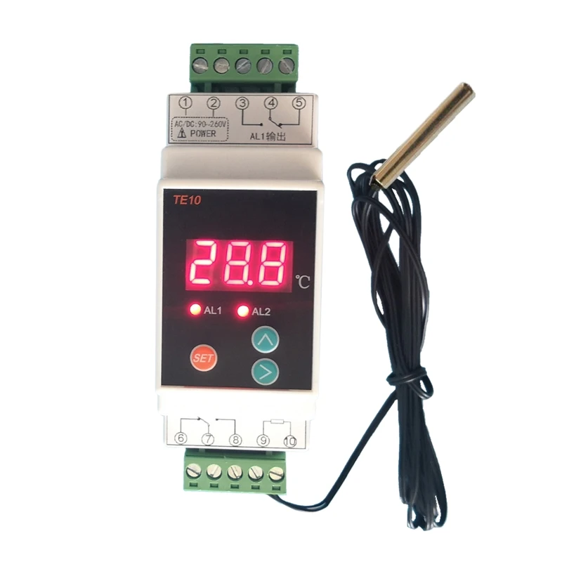 AC90~260V -40~110℃ Din Rail Thermostat with Sensor 2 Way Relay Output Temperature Alarm Controller NO NC COMMON Output 7A/250VAC