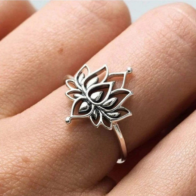 Vintage Lotus Rings for Women Girls Cuff Ring Promise ring Stainless Steel Flower of Paradise Rings Jewelry Gifts Bague Femme