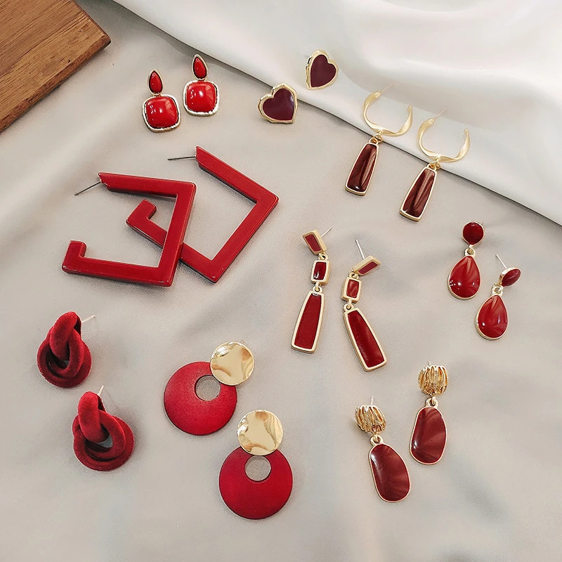 deep red square irregular geometry of circular hollow out women earrings metal enamel earrings with girls The refined jewelry