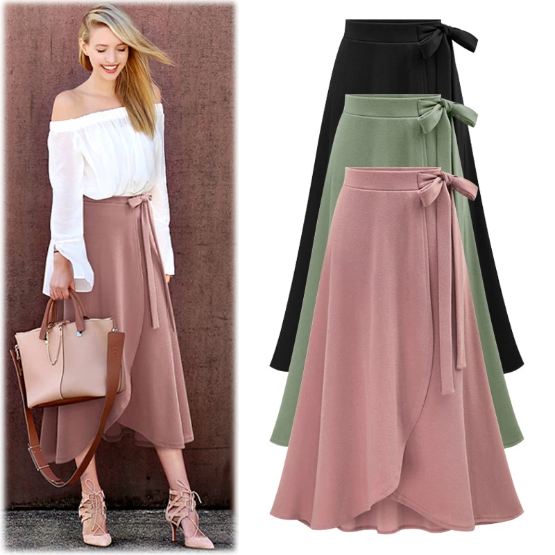 M-6XL Women Maxi Skirt Pink Ruffle High Waist Bowtie Slit Long Skirt Spring Summer Office Casual Elegant Solid Skirt Plus Size