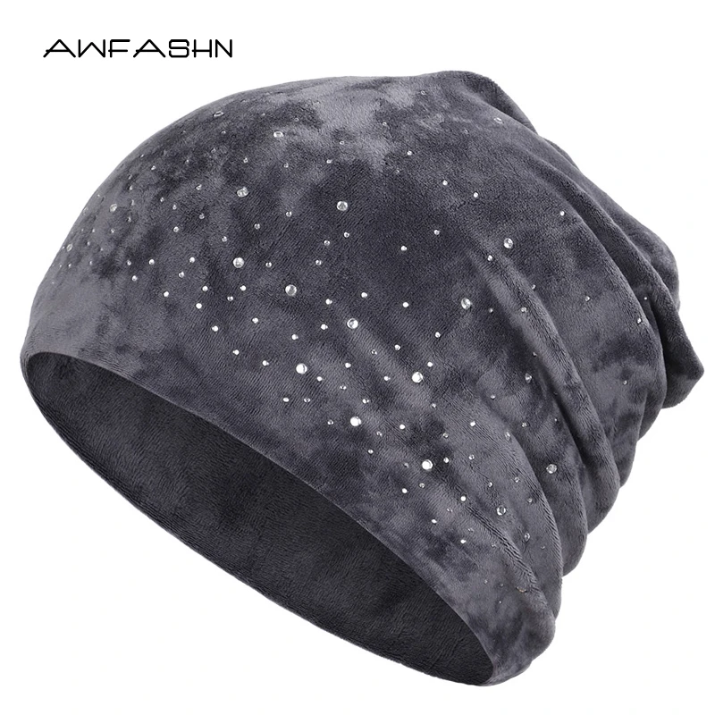 New Autumn Winter Fashion Women's Hat Shiny Rhinestone Beanie Women's Cap Female Casual Velvet Fabric Soft Cap Skullies Bonnet