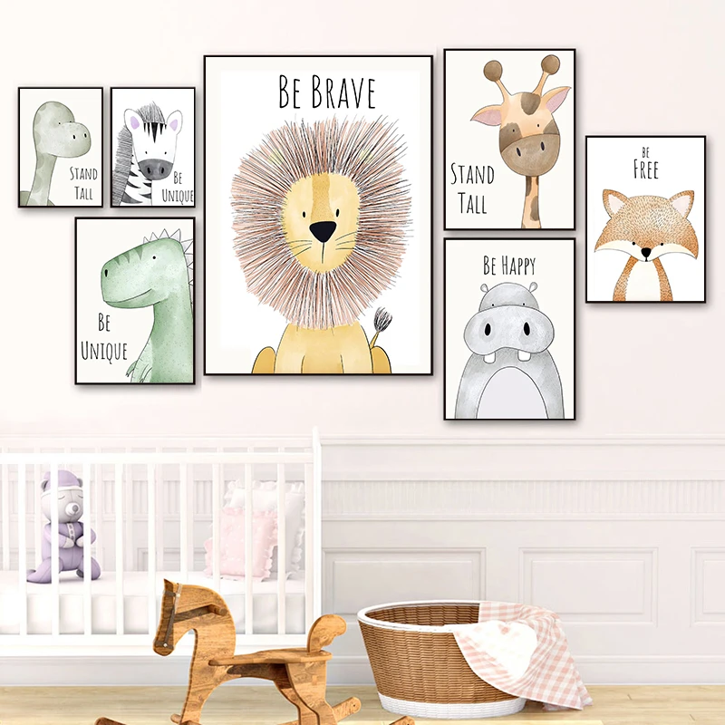 Cartoon Animal Nordic Posters Wall Pictures Lion Elephant Nursery Canvas Painting Wall Art Pictures For Baby Girls Room Decor