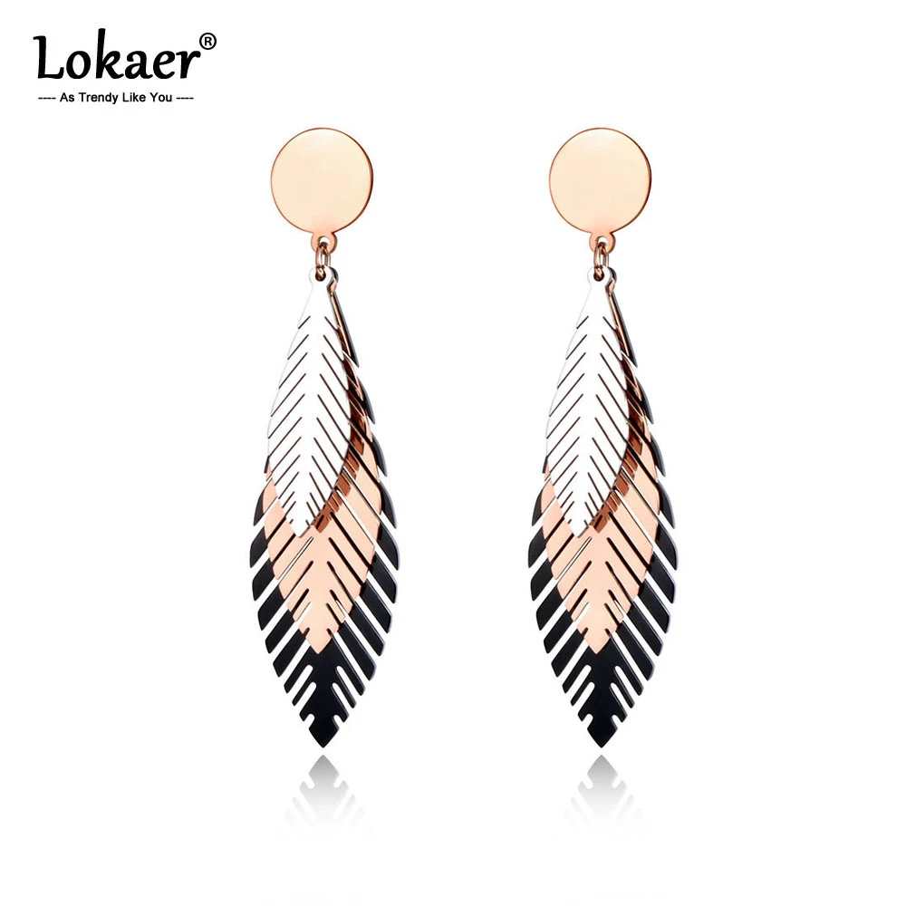 Lokaer Elegant Stainless Steel Black/Rose Gold Leaves Stud Earrings Bohemia Style Creative Jewelry For Women Kolczyki E19100