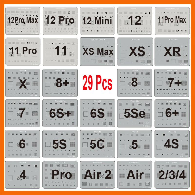 29pcs/lot IC Chip BGA Reballing Stencil Kits Set Soldering Template for iphone 12 11 Pro Max XS X 8 7 6s 6 plus iPad Motherboard
