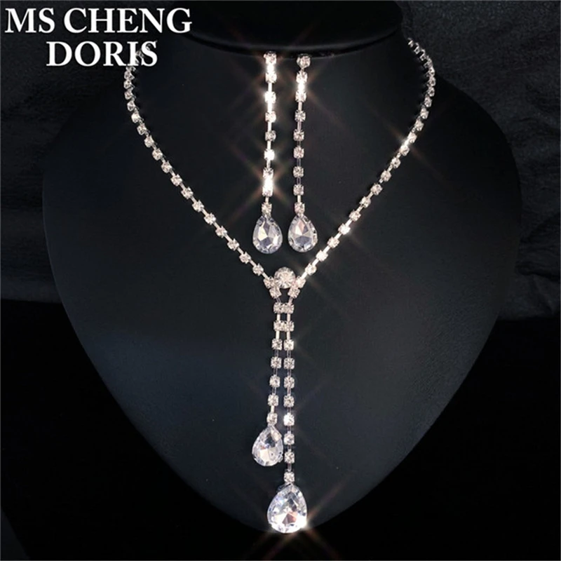 Crystal Teardrop Long Necklace Earrings Set Silver Color Wedding Bridal Bridesmaid Formal Party Prom Jewelry Set For Women