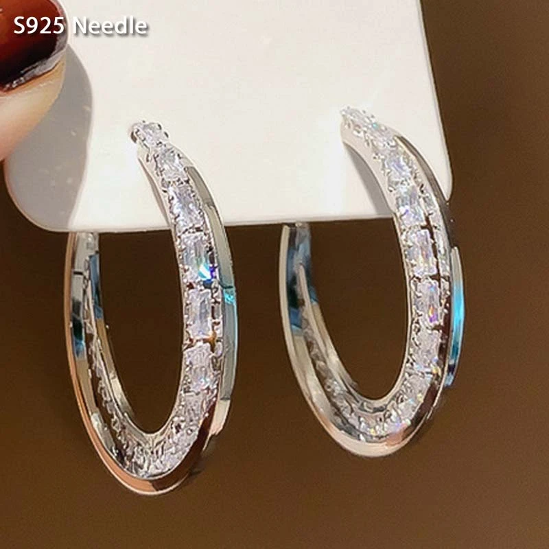 925 Sterling Silver Needle Hoop Earrings for Women Jewelry Statement Cubic Zircon Large Round Elegant Female Earrings