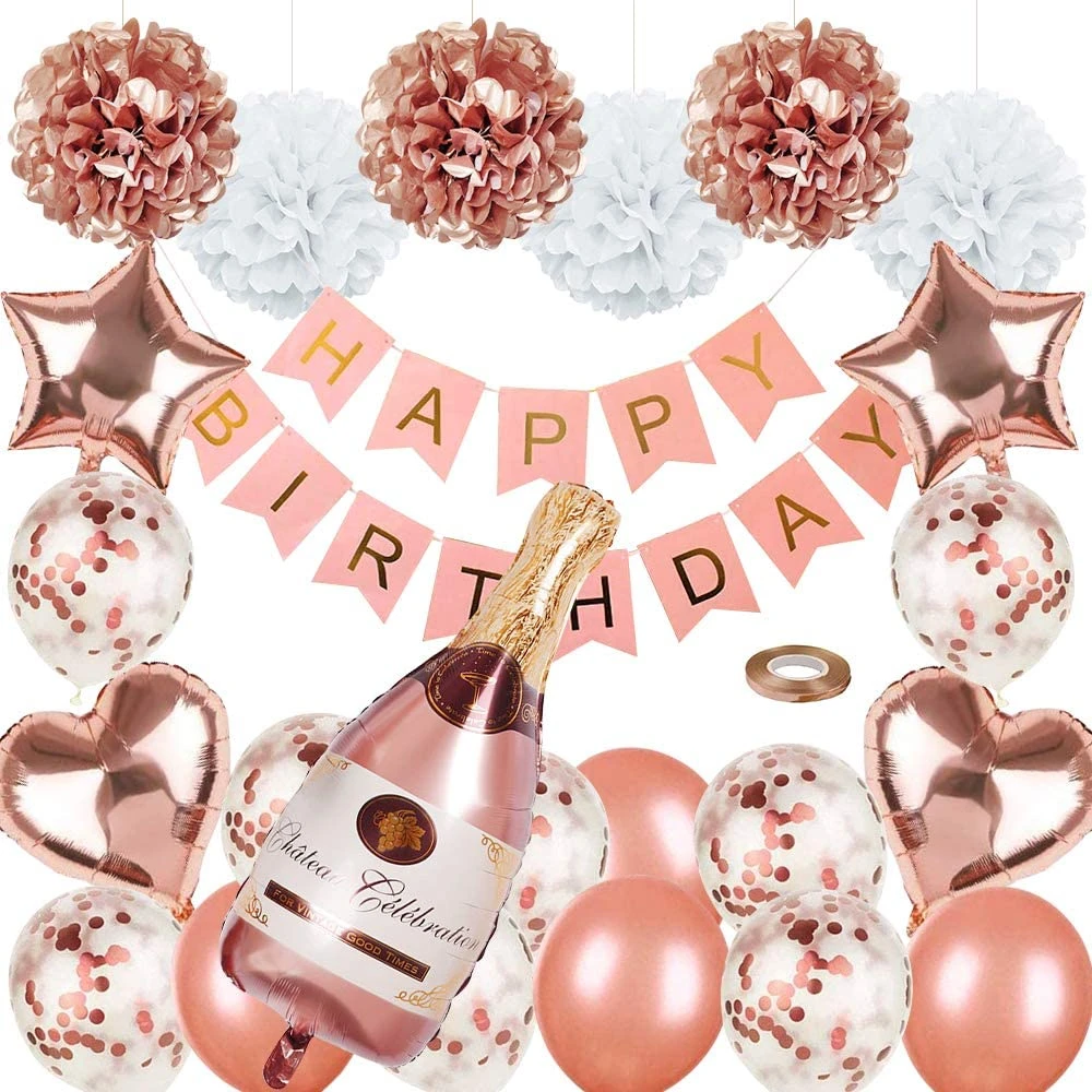 Rose Gold Party Decorations Happy Birthday Confetti Balloons with Banner Paper Pompoms for 1st 18th 21st 30th 60th Decoration