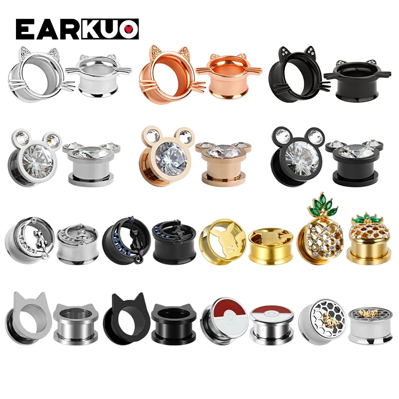 EARKUO Hot Selling Cat Bat Bee Pineapple Stainless Steel Ear Piercing Tunnels Expanders Body Jewelry Earring Stretchers 2PCS