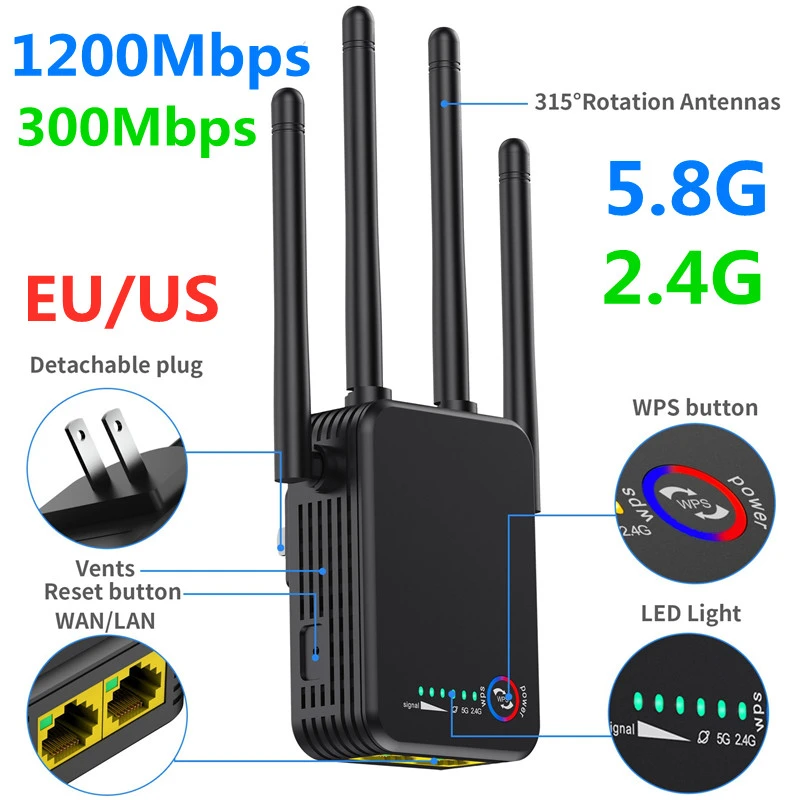 Wireless Wifi Repeater 1200Mbps 300Mbps Long Range Extender Router Wi-Fi Signal Amplifier 2.4G 5 GHZ Wi Fi Booster Access Point