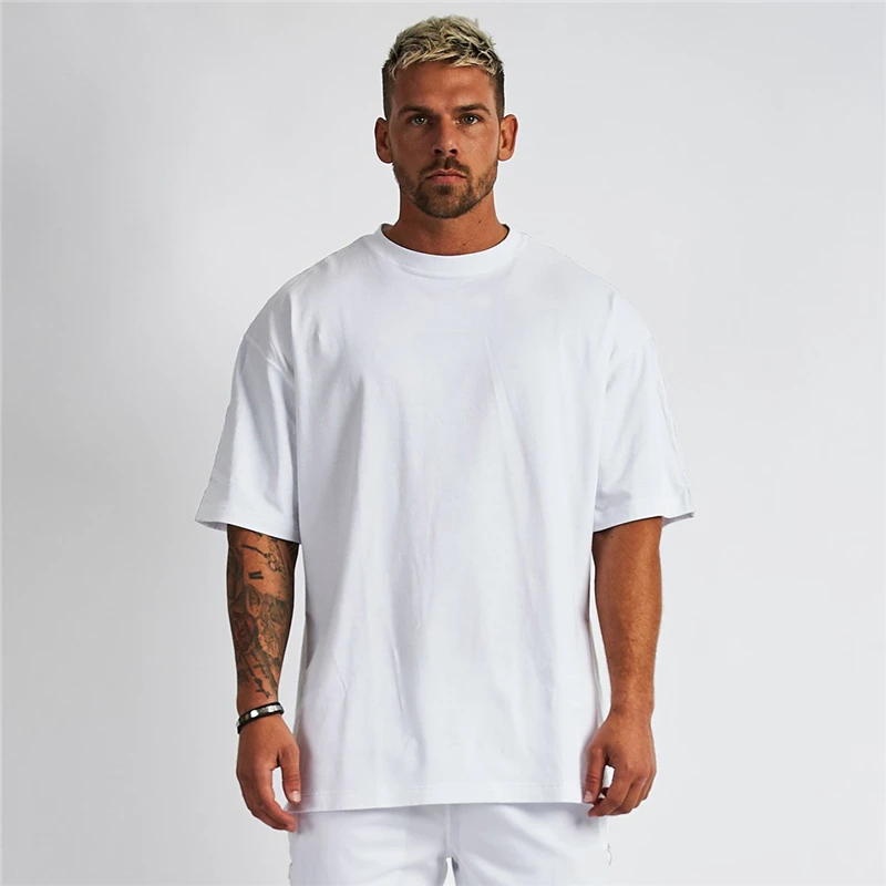 Solid Oversized T shirt Men Bodybuilding and Fitness Tops Casual Lifestyle Gym Wear T-shirt Male Loose Streetwear Hip-Hop Tshirt