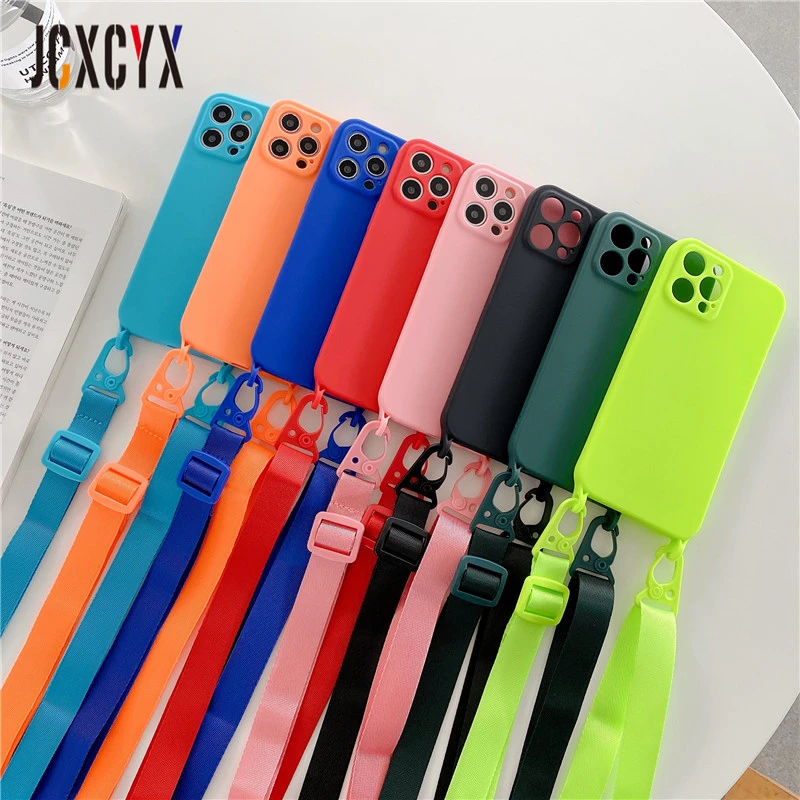 Liquid silicone Crossbody Necklace Lanyard Cord Strap Phone Case For iPhone 12 11 Pro Max 13 Pro XS XR X 8 7 Plus SE Soft Cover