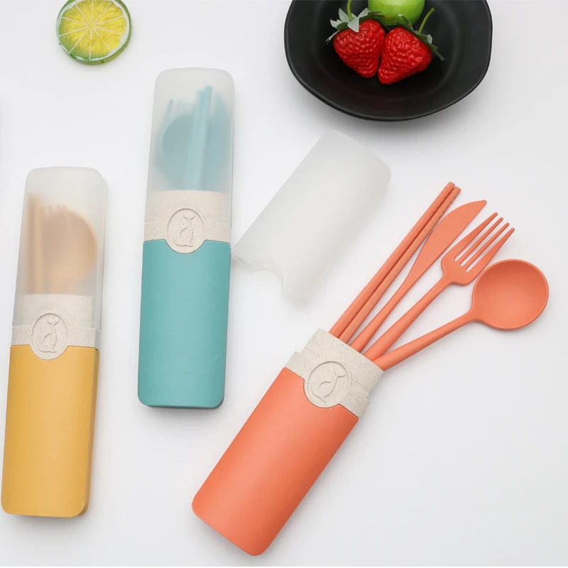 Portable Reusable Spoon Fork Travel Picnic Chopsticks Wheat Straw Tableware Cutlery Set With Carrying Box For Student Office