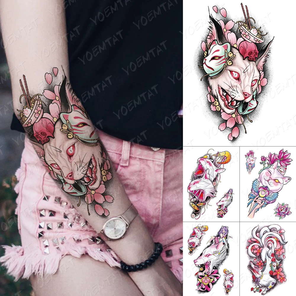 Waterproof Temporary Tattoo Sticker Fox Cat Butterfly Snake Demon Flash Tatto Woman Black Pink Body Art Fake Sleeve Tatoo Man