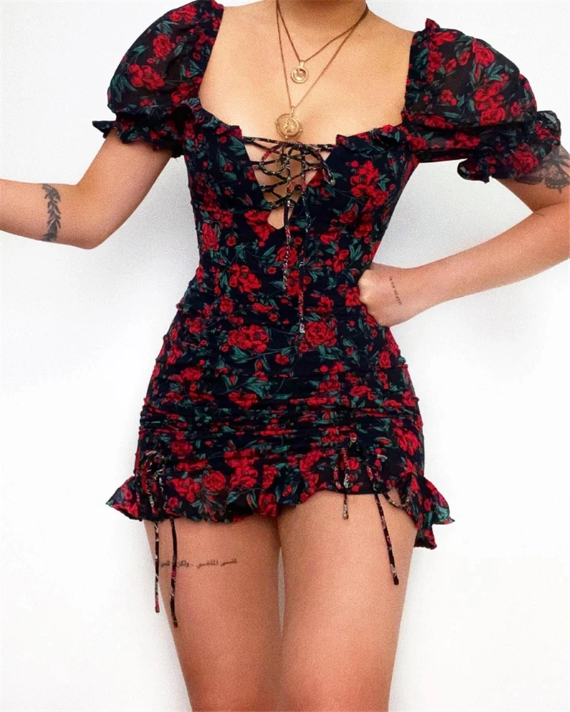 wsevypo New 2021 Vintage Floral Puff Sleeve Short Ruffles Dress Summer Women Ladies Lace-up Front Square Collar Ruched Dress