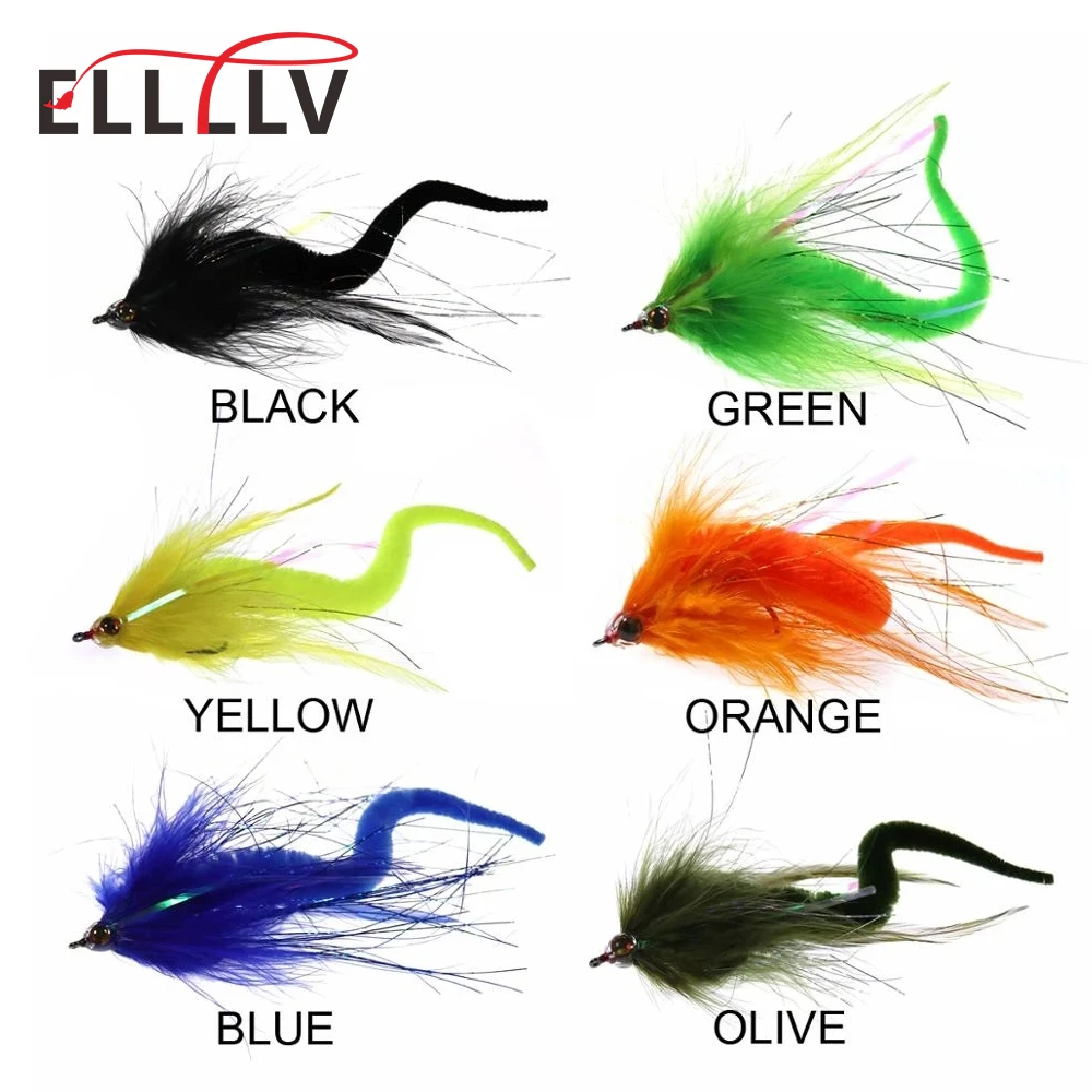 Elllv 1PC/2PCS #2/0 Dragontail Streamers Flies for Bass Muskie Pike Fishing Lures Saltwater Big Game Baitfish Fly 6 Colors