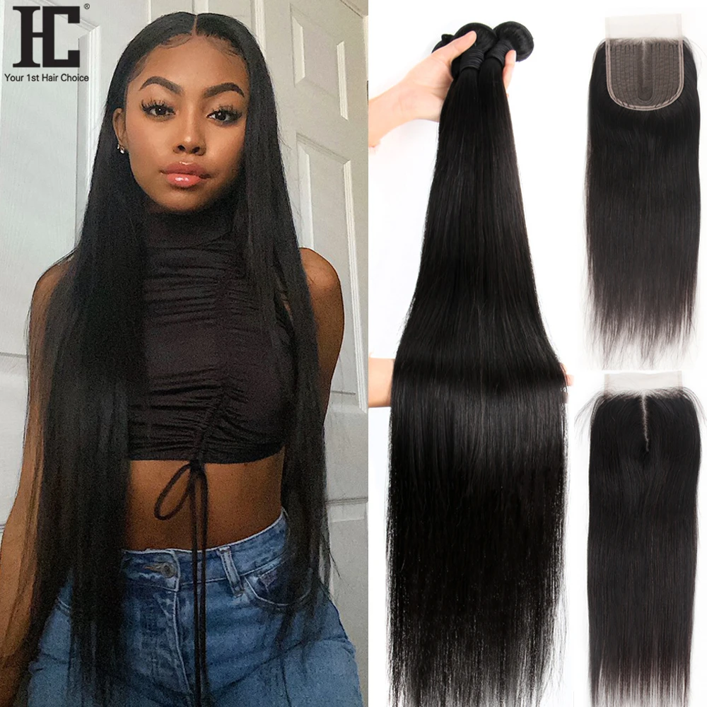 40 Inch Brazilian Straight 3 / 4 Bundles With Lace Closure Remy Human Hair Weave Bundle Deals With 4x4 Lace Part Closure Dyeable