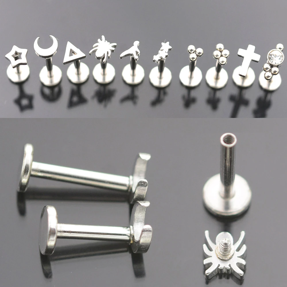 2Pc 1.2x6/8mm Bar Star Moon Cross Spider Nose Ring Stud Ball Labret Lip Tragus Piercing Helix Earrings Nose Piercing Ear Jewelry