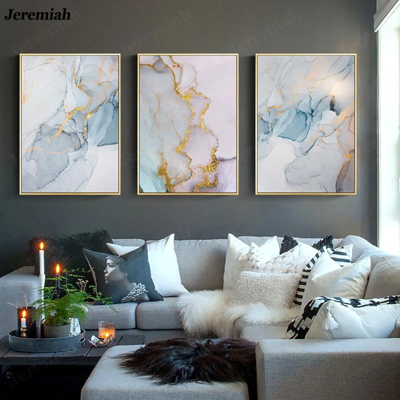 Home Decoration Painting Golden Blue Pink Purple Imitation Marble Pattern Abstract Poster HD Painting Nordic Modern Canvas Mural