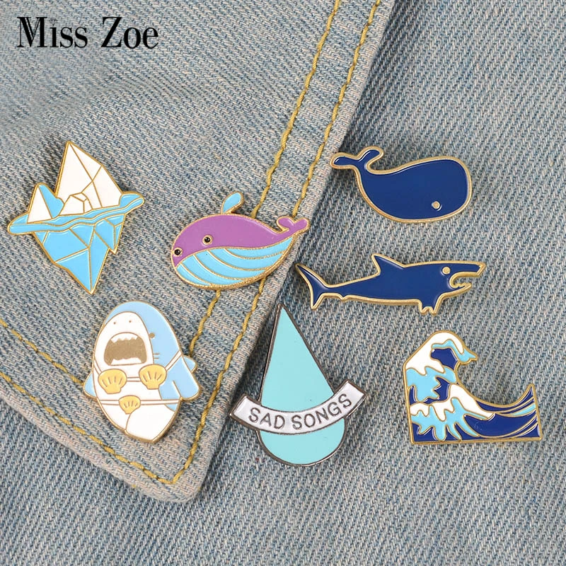 Go Surfing! Enamel Pins Blue Wave Iceberg Whale Shark Brooch Badge Denim Shirt Lapel Pin Cartoon Funny Jewelry Gift for Kids