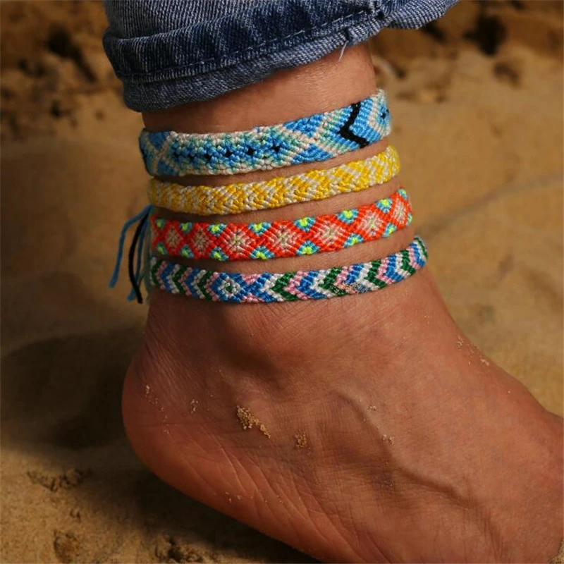 DIEZI Ethnic Bohemian Boho Wave Handmade Anklets for Women Vintage Cotton Rope Leg Ankle Anklet Charms Bracelet Beach Jewelry