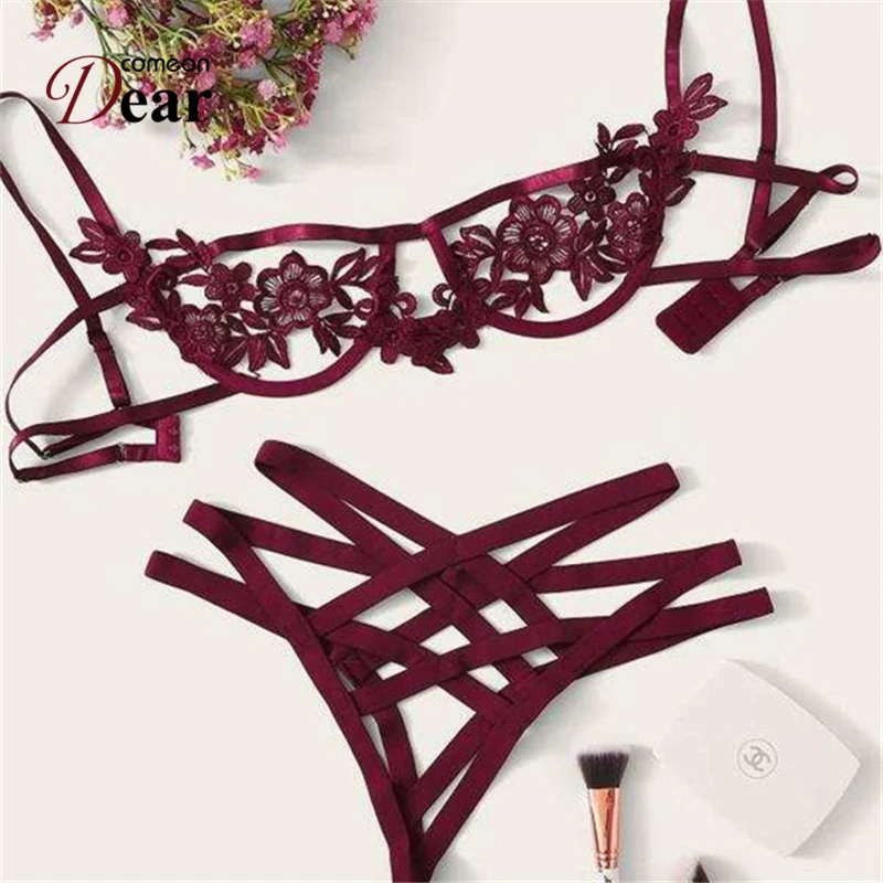 Comeondear Lace Bra Set Straps Women's Underwear Set Hollow Out Sexy Lingerie Set Transparent Open Crotch Bra And Panty Set