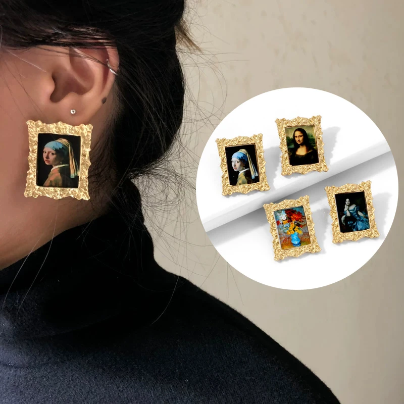 Vintage Gold Geometric Mona Lisa Girl With A Pearl Earring Sunflower Amalia de Llano Painting Aesthetic Earrings For Women