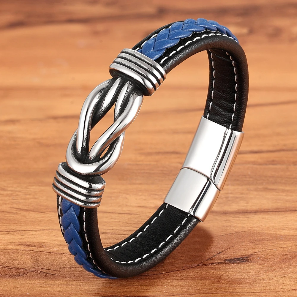 Geometric Stainless Steel Men's Leather Bracelet Hand-woven Magnetic Clasp Black Blue Leather Bangle Christmas Jewelry Gift