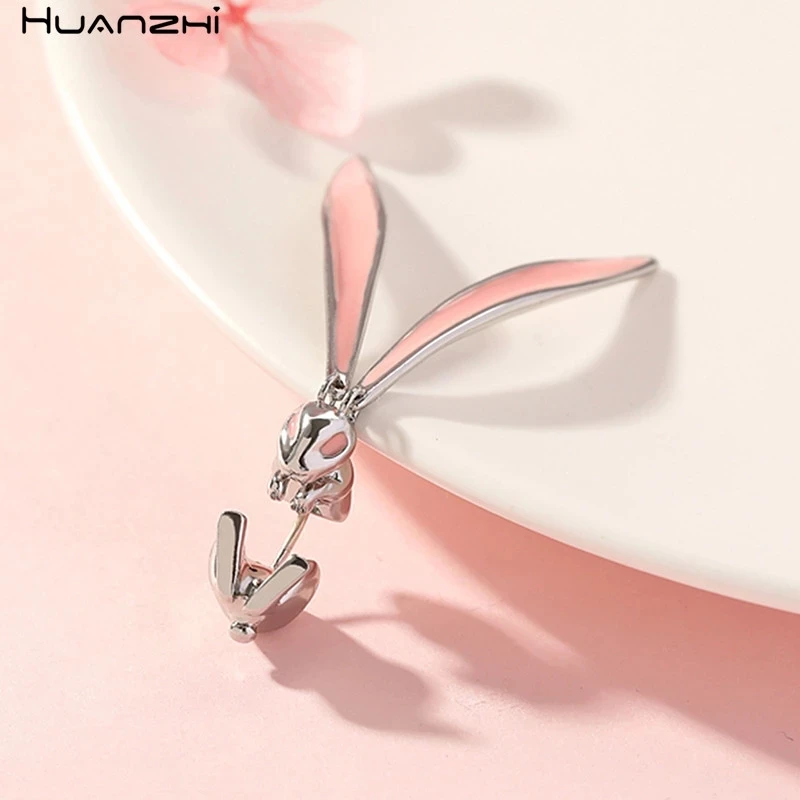 HUANZHI 2020 New Adorable Rhinestones Enamel Glaze Long Rabbit Ear Silver Color Metal Drop Earring for Women Girls Jewelry