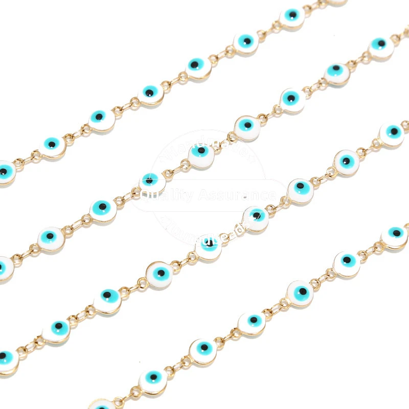 1 Meter Stainless Steel 6mm Gold Turkish Eye Chains White Blue Eye Beads Chain for DIY Jewelry Making