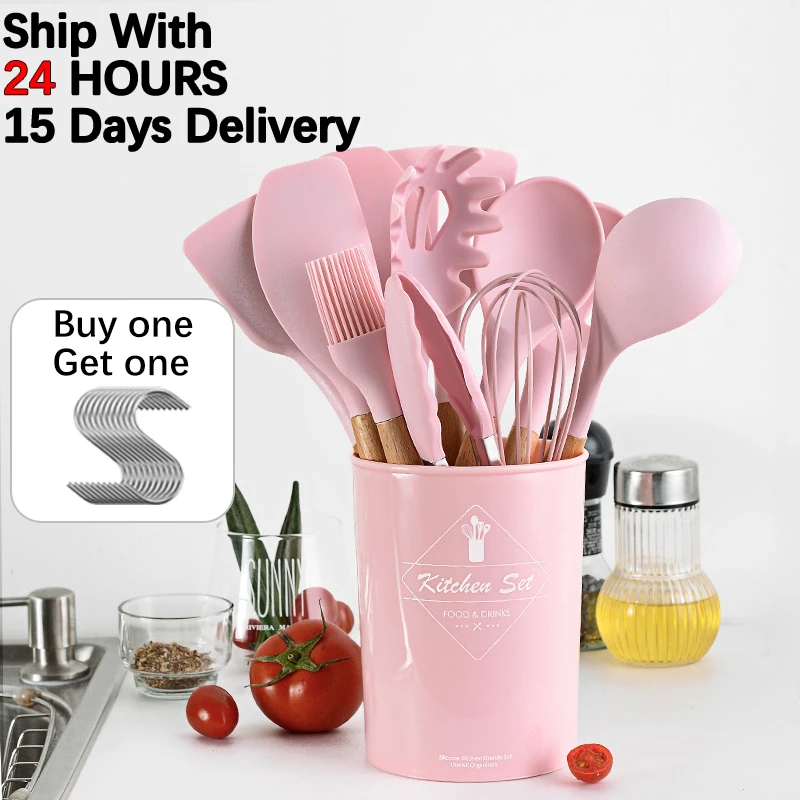 Pink Cooking Kitchenware Tool Silicone Utensils With Wooden Multifunction Handle Non-Stick Spatula Ladle Egg Beaters Shovel